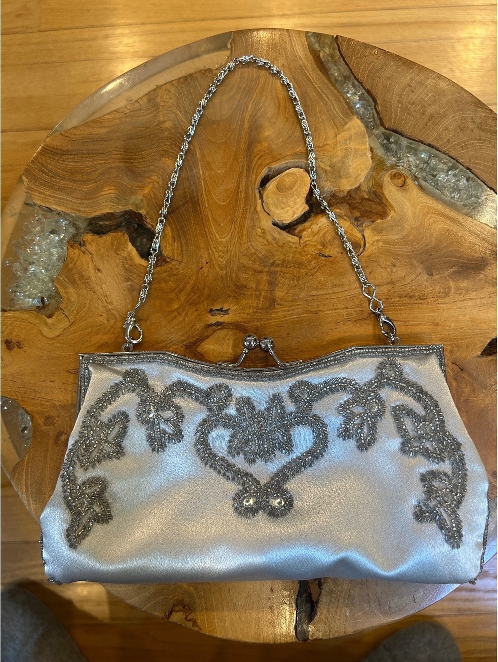Carlo Fellini Silver Satin Evening Bag with Beaded Detail and 2 Chain Straps